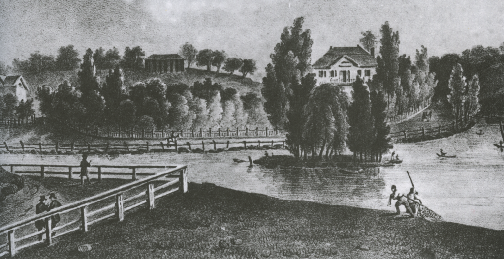 J. Milbert's depiction of the area depicts a similar scene with locals harvesting oysters right out of the creek. The house behind the little island is the Macomb mansion, which may have incorporated the tavern in whole or in part.